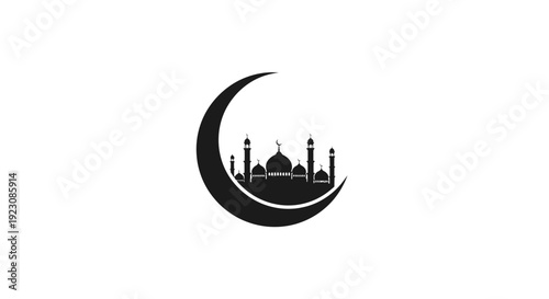 Islamic crescent moon with mosque silhouette logo design.