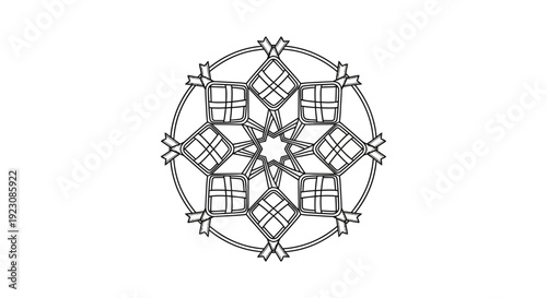 Intricate black and white geometric mandala design with symmetrical patterns.