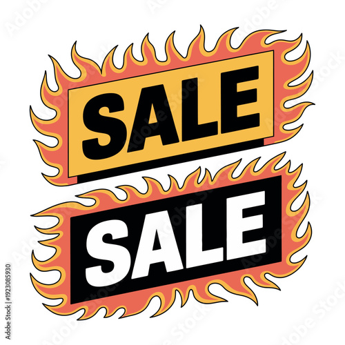 A graphic illustration of a sale sign with flames