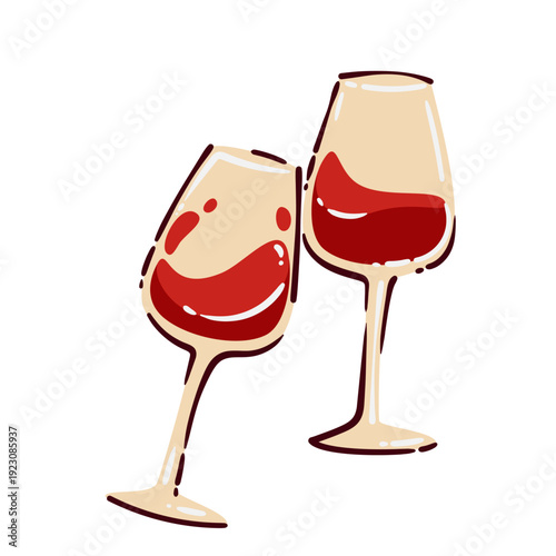 Red wine glass set with two goblets and red drink, alcohol beverage for dinner and party menu. Red wine glass in bold cartoon style for packaging and branding, vector illustration.