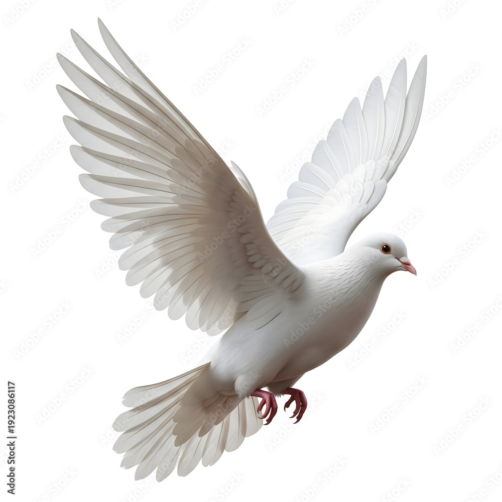 Fototapeta premium A graceful white dove in flight, a symbol of peace. Its wings are spread wide, capturing the essence of freedom, isolated on transparent background