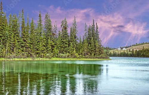 The emerald waters seen through with a filter at Emerald Lake, YT, Canada
