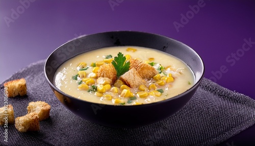 Creamy Chicken Corn Soup Halal With Croutons And Shredded Chicken Garnish Comfort Food With Purple Dark Background Poster Image