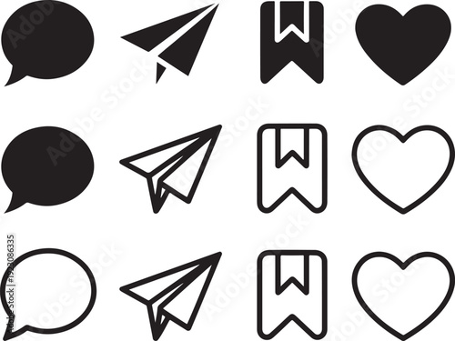 Minimal social media interaction icon set with speech bubbles, paper planes and heart symbols