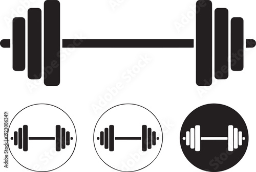 Fitness and gym barbell icon set with weightlifting symbols in black and white style