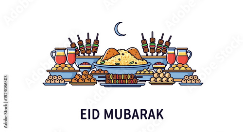 Eid Mubarak Feast with Traditional Dishes and Drinks, Festive Celebration Food Spread, Isolated White Background