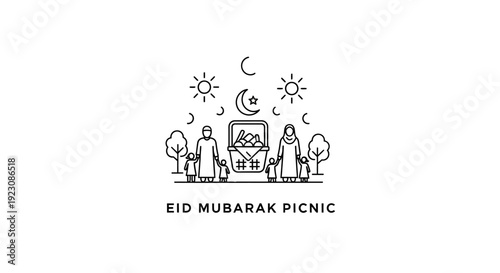 Eid Mubarak Picnic with Family Enjoying Food Outdoors Under Crescent Moon and Stars, Festive Line Art Illustration