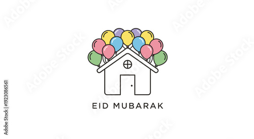 Happy home with colorful balloons for Eid Mubarak celebration on isolated white background.