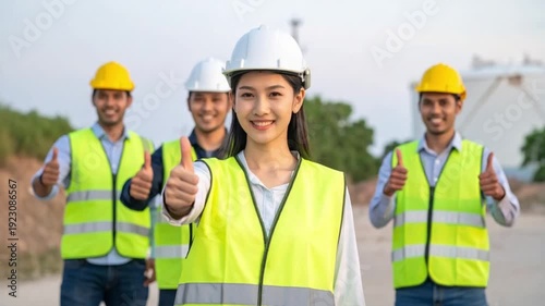 Happy construction team in safety gear giving thumbs up at industrial site