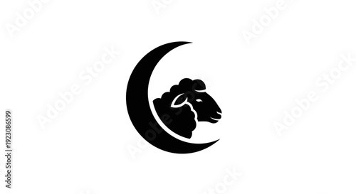 Symbolic black silhouette of sheep head with crescent moon for Eid al-Adha on isolated white background.