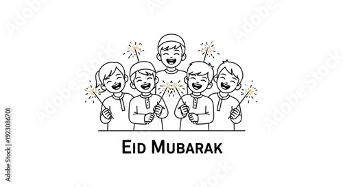 Happy Muslim Children Playing with Sparklers for Eid Mubarak Celebration, isolated white background.