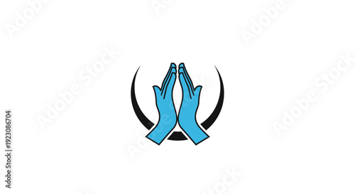 Muslim Hands in Prayer Gesture with Blue Gloves Icon for Islamic Worship, isolated white background.