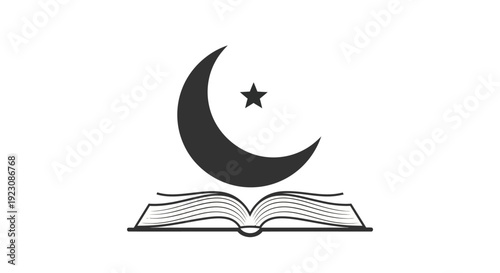 Black Open Book Icon with Crescent Moon and Star, Symbol of Islamic Knowledge, isolated white background.
