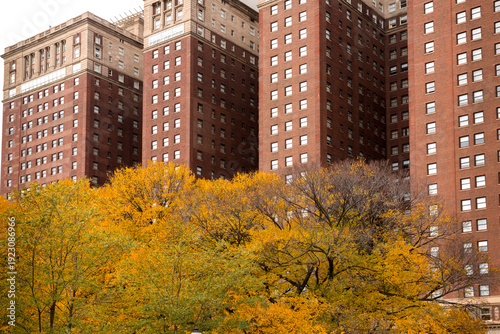 USA, IL, Chicago.  Architectural detail of the Hilton Chicago hotel, viewed from Grant Park in the autumn..  Opened on May 2, 1927, as the Stevens Hotel . Beaux-Arts architecture style. 