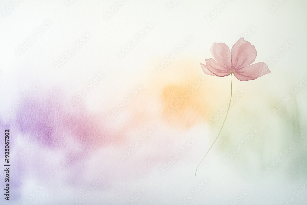 Obraz premium Tender pink flower on a purple, soft peach, down to a whisper of sage green background. Watercolor illustration. Place for text.