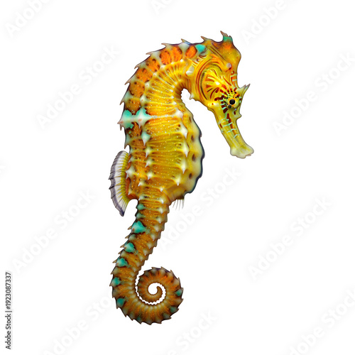 A stunning seahorse with its vibrant colors and intricate details. The seahorse stands out with its bright orange and yellow hues, complemented by accents of green, isolated on transparent background