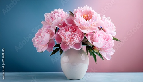 Wallpaper Mural Lush Bouquet Of Pink Peonies In A White Ceramic Vase Against A Soft Pink And Blue Pastel Background Valentine S Day Torontodigital.ca