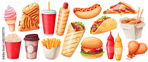 Fast food set with burger, hot dog, pizza slice, fries, soda cup, coffee, ice cream, taco and chicken drumsticks arranged in colorful snack collection. Fast food set in cartoon style for menu, deliver