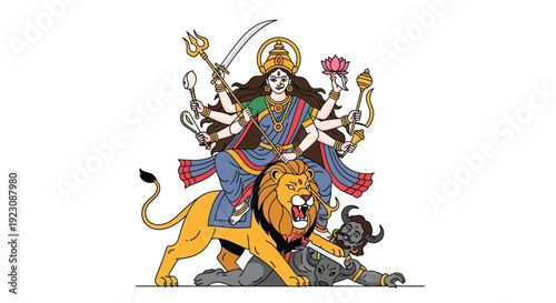Goddess durga riding a lion a colorful hindu depiction of power