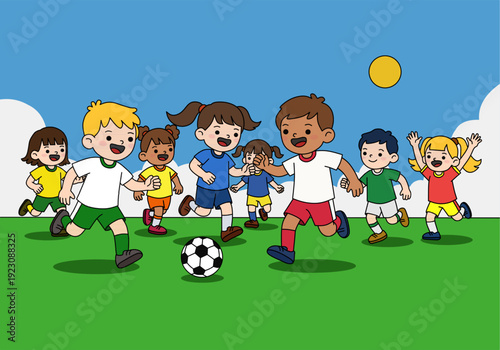 Exciting soccer game with kids on sunny day. Perfect for sports related blogs, school materials, and childrens activity promotions.