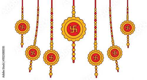 Colorful rakhis with swastika symbols hanging against a white background