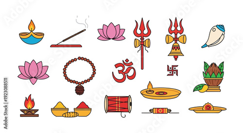 Colorful hindu religious symbols and elements in a flat vector style