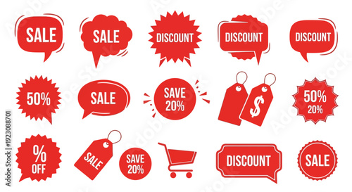 Collection of red sale and discount badges for promotional design elements