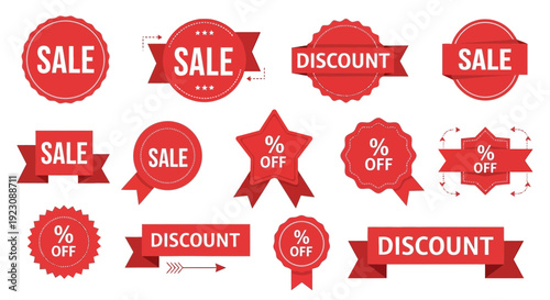 Collection of red sale and discount badges for promotional design elements