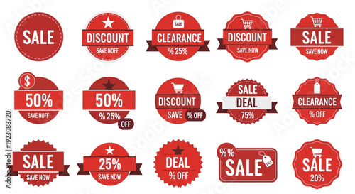 Collection of red sale badges and discount labels for promotional use