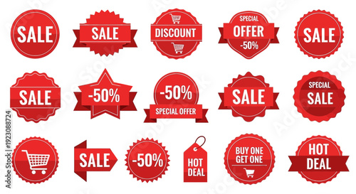 Collection of red sale badges and discount labels for promotional use