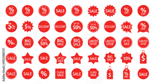 Collection of red sale badges and price tags for promotional marketing