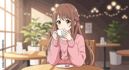 Young Anime Girl Drinking Coffee in Cafe.