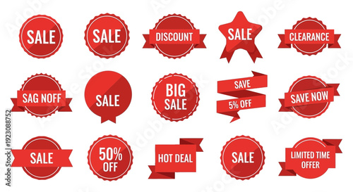Collection of red sale badges and ribbons for promotional designs