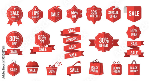 Collection of red sale badges and ribbons for promotional retail designs