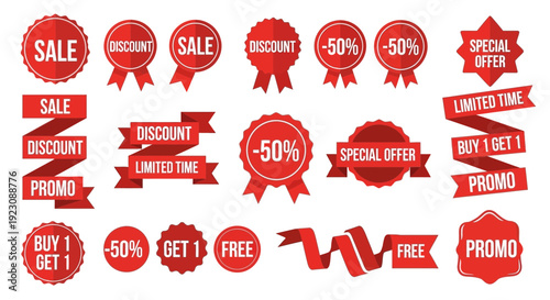 Collection of red sale badges ribbons and promo elements isolated