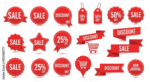 Collection of red sale badges discount labels and price tags for promotion