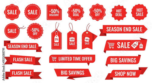 Collection of red sale badges ribbons and tags for promotional offers