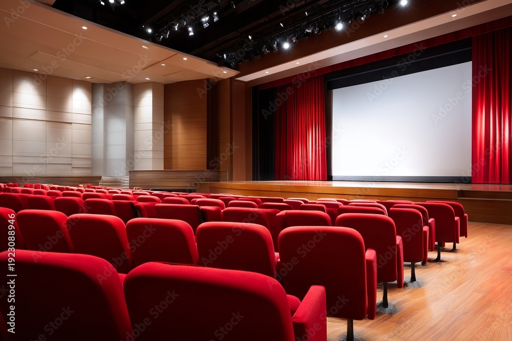 Fototapeta premium Empty Theater Interior with Red Seats and Stage Ready for Performance