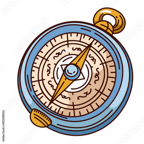 Compass with round case, directional needle, engraved scale marks and central star detail inside frame. Compass in retro groovy outline style vector illustration.