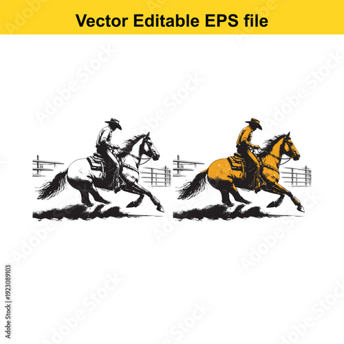 Cowboy Riding Horse Vector Illustration - Western Style