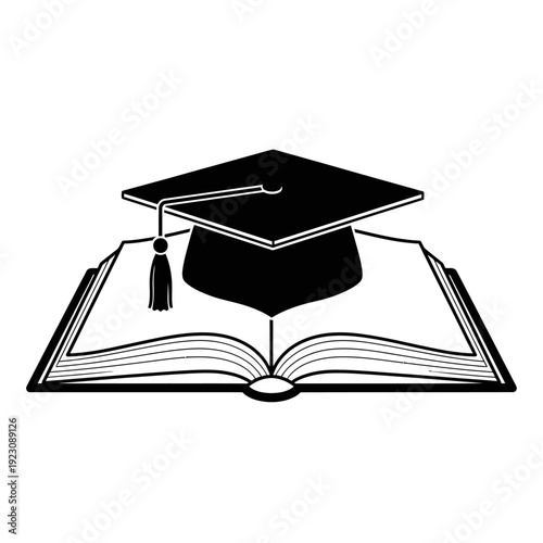 Graduation Cap on Open Book Symbolizing Education and Knowledge.