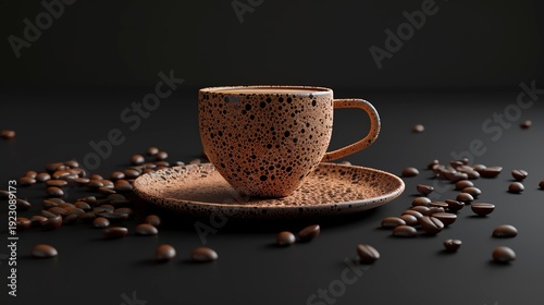 A photo of an espresso cup with coffee beans