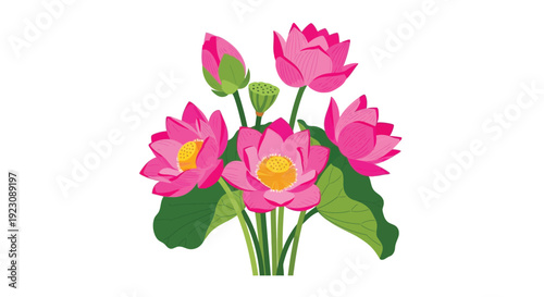 A vibrant bouquet of pink lotus flowers with green leaves