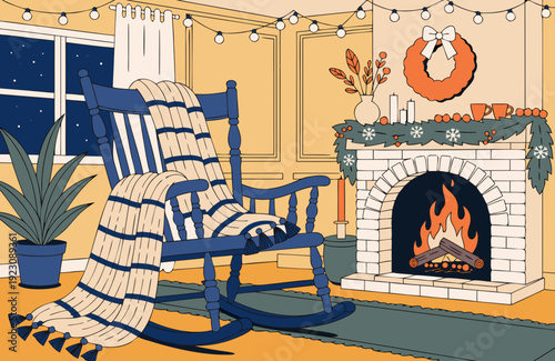 Cozy rocking chair covered with knitted blanket next to crackling fireplace living room warm winter evening soft golden glow calm home atmosphere
