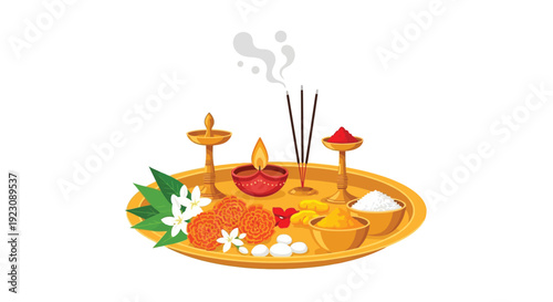 A traditional indian puja thali with offerings and a burning diya