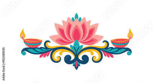 Colorful illustration of a lotus flower with traditional oil lamps