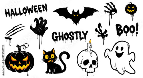 A collection of spooky Halloween-themed illustrations including a bat, black cat, ghost, pumpkin, skull, scary hands, and text like 'HALLOWEEN' and 'BOO!' with dripping effects.