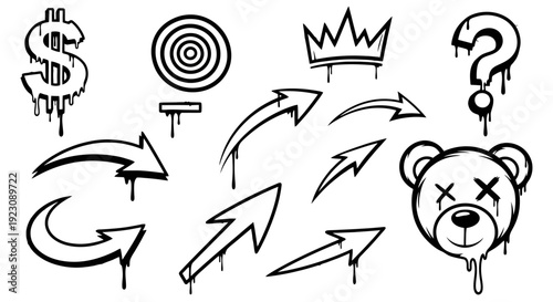 Set of black and white graffiti-style icons featuring a dripping dollar sign, target, crown, question mark, various arrows, and a melting bear head.