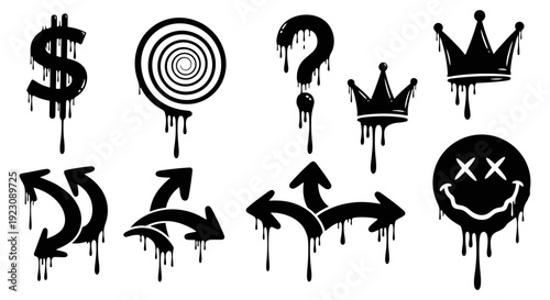 Black dripping graffiti style icons including dollar sign, question mark, crowns, arrows, and a dead smiley face.