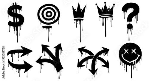 A collection of black graffiti-style icons with dripping paint effect, including dollar sign, target, crowns, question mark, arrows, and a distressed smiley face.